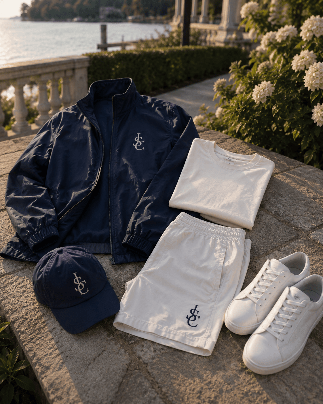 Club windbreaker, tee, shorts, and cap laid out on a terrace wall above the water